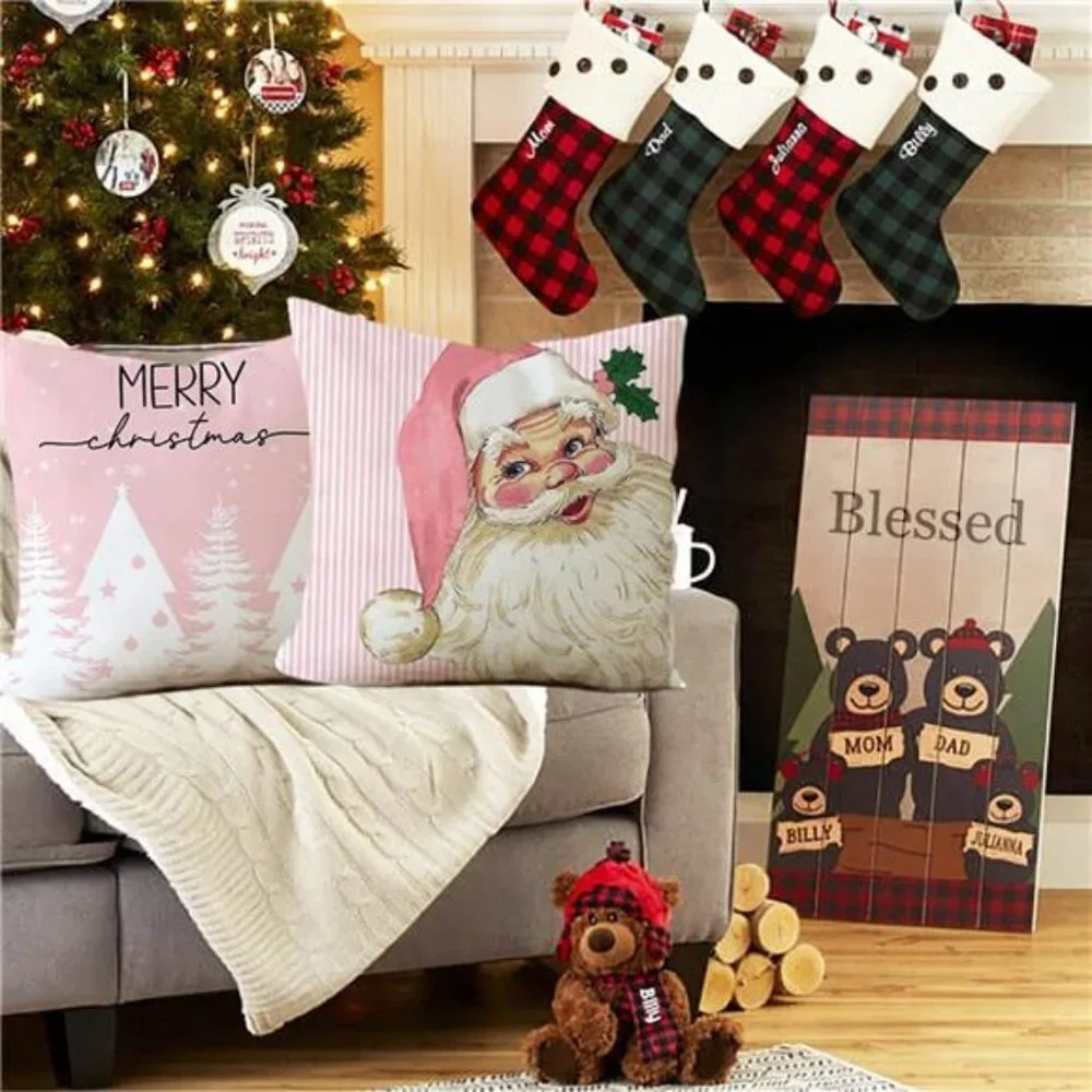 Set‎ of 4 Pink Christmas Pillow Covers, 18x18, Santa, Snowman, Snowflake & Tree